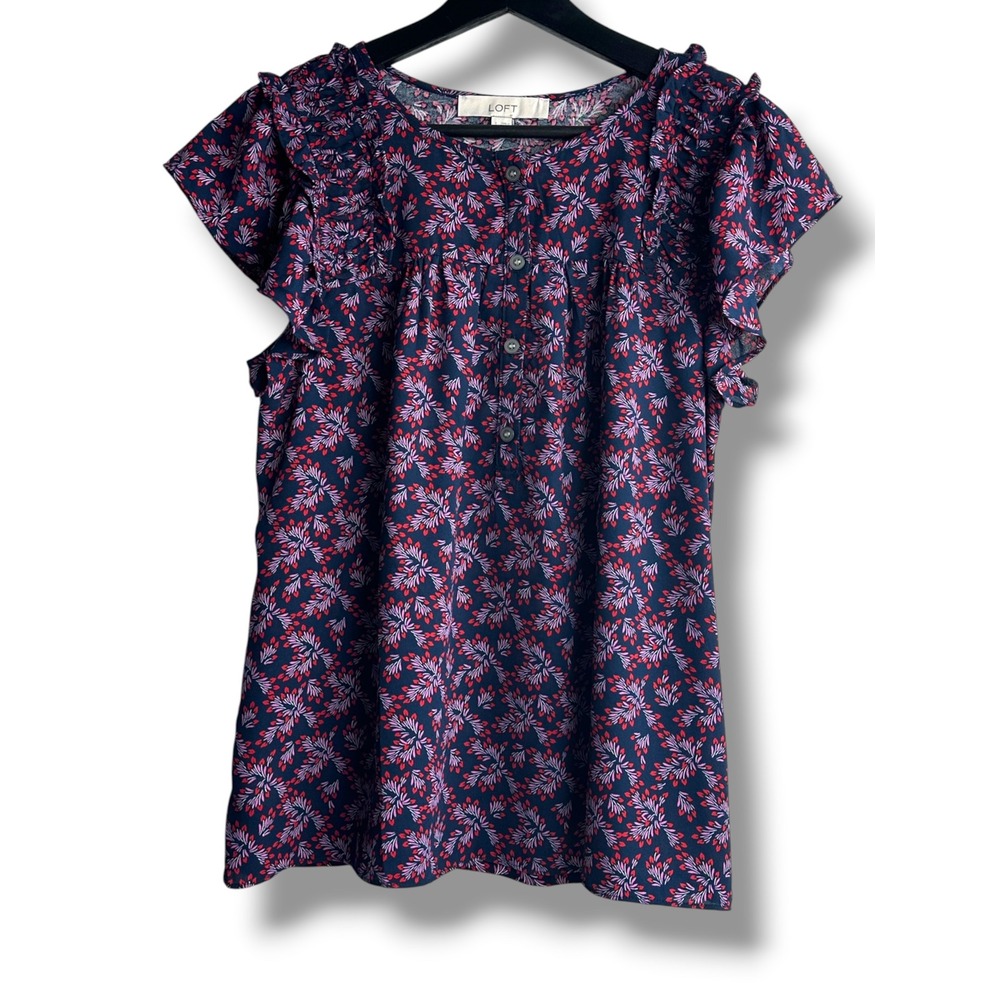 LOFT Flutter Sleeve Blouse Womens Small Navy Red Floral Ruffle Button Top